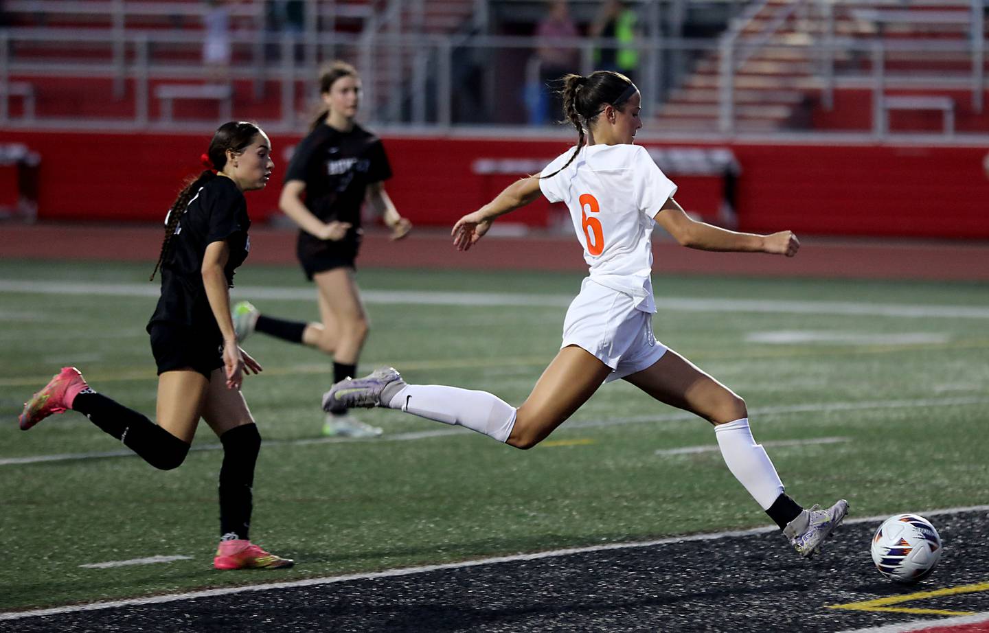 Crystal Lake Central's Ella Bechler scores a goal during a Fox Valley Conference soccer match against Huntley on Tuesday, April 14, 2026, at Huntley High School.