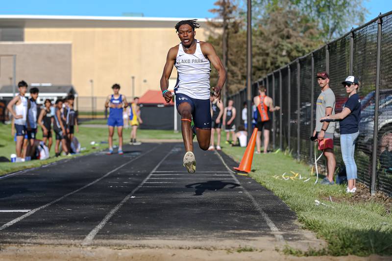 Lake Park's Desmond Horton competes in the triple jump during the DuKane Conference Track and Field meet at Wheaton Warrenville South.  May 13.2022.