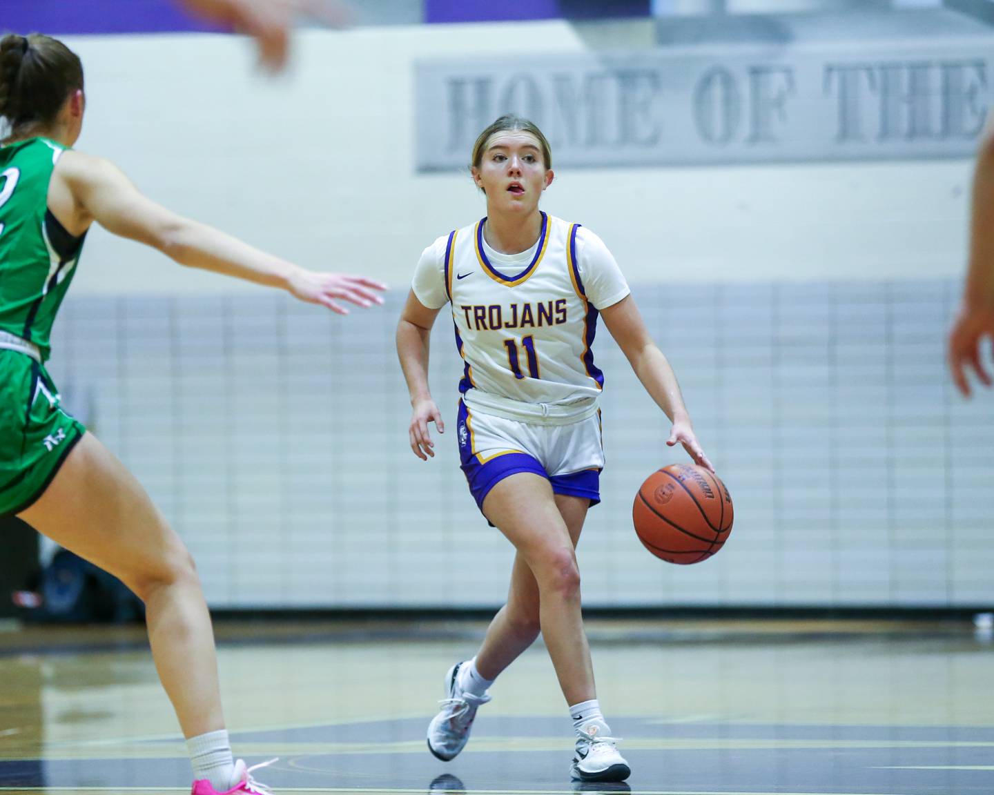 Downers Grove North's Abby Gross (11) looks over the defense during basketball game between York at Downers Grove North. Dec 19, 2023.