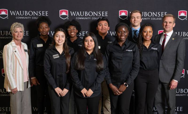 Pictured front row, from left, are Waubonsee Community College Board of Trustees Chair Rebecca Oliver; 2023-2024 Student Government Leaders Joyce Tikeng Tiotsop, Gabrielle Jackson, Angel Camarillo-Tolentino, 2023-2024 Student Trustee Jack McGreevy, Waubonsee Community College President Dr. Brian Knetl; front row, from left, Lesli Herrera, Vanessa Torres, Oluwaseun Fakeye and Alyssa Alexander.