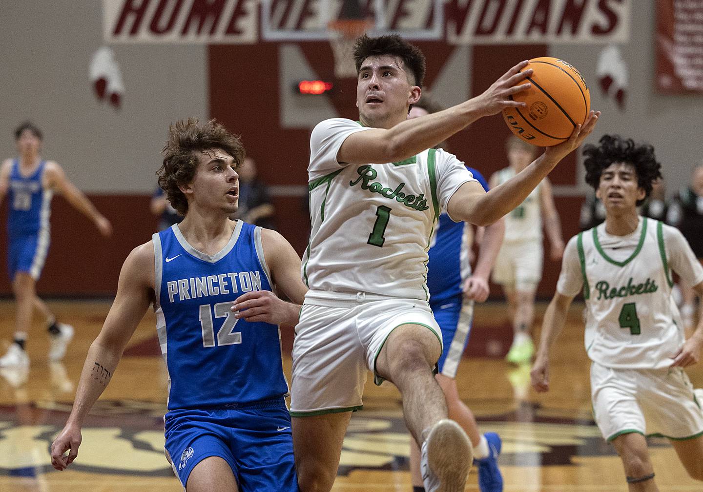 Rock Falls’ Austin Castaneda puts up a shot late in the first half against Princeton Friday, March 7, 2025, in the Class 2A boys basketball Sectional final in Marengo.