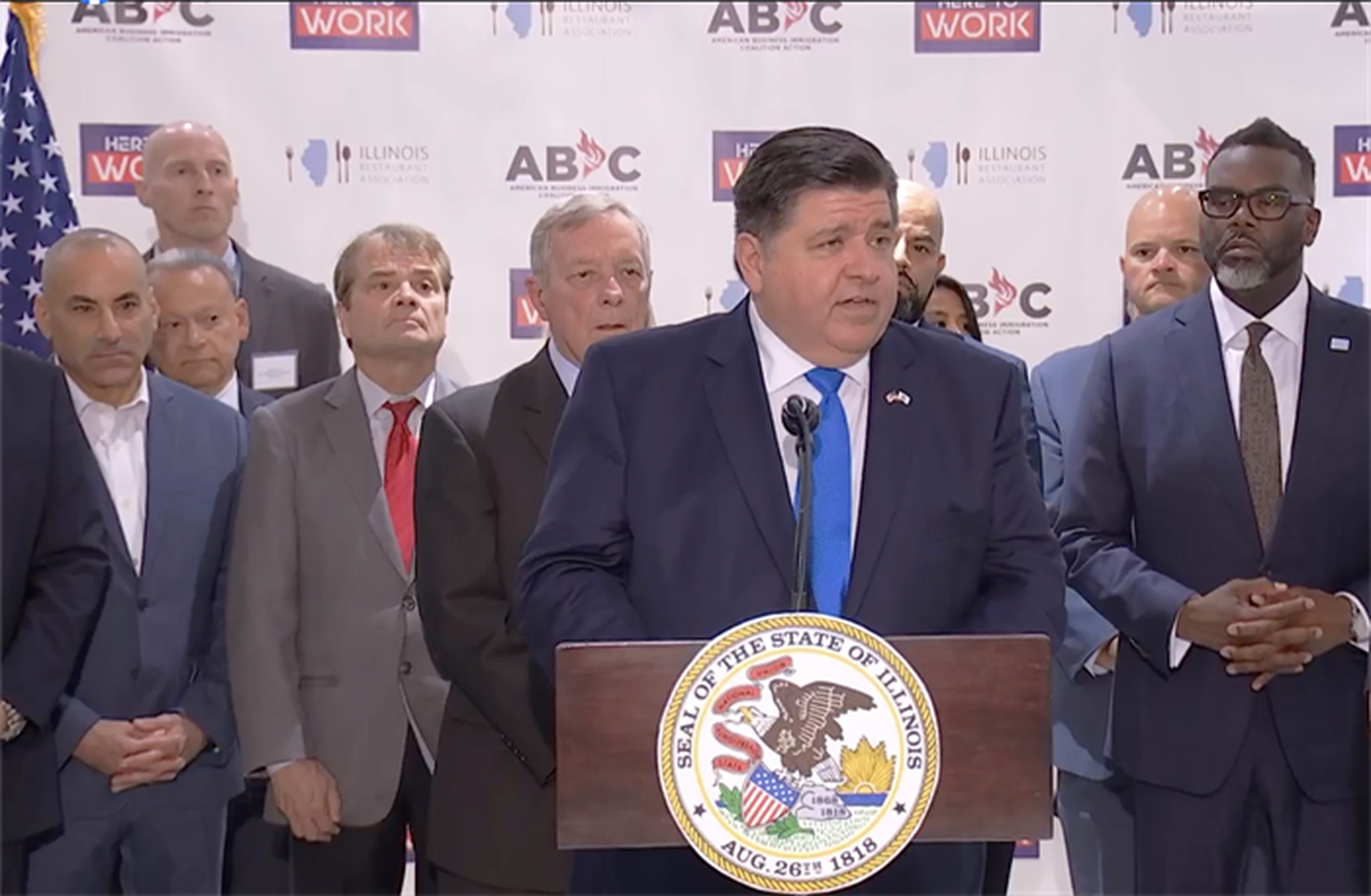 Gov. JB Pritzker at a Chicago news conference on Aug. 30, advocating for the U.S. Department of Homeland Security to allow Illinois and other states to sponsor work permits for asylum seekers and other long-term undocumented workers.