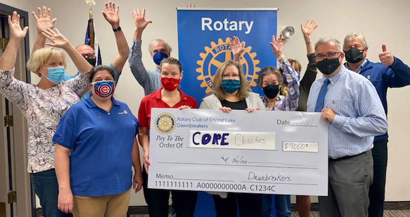Rotary Club of Crystal Lake Dawnbreakers donated $3,000 each to three charities identified by club members as the Core Charities for 2021 at a breakfast meeting on Nov. 17, 2022.