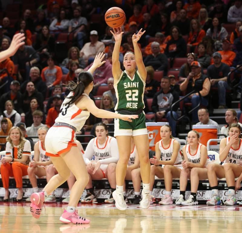 St. Bede's Ella Hermes shoots a jump shot over Altamont's Claire Boehm during the Class 1A third-place game on Thursday, Feb. 29, 2024 at CEFCU Arena in Normal.