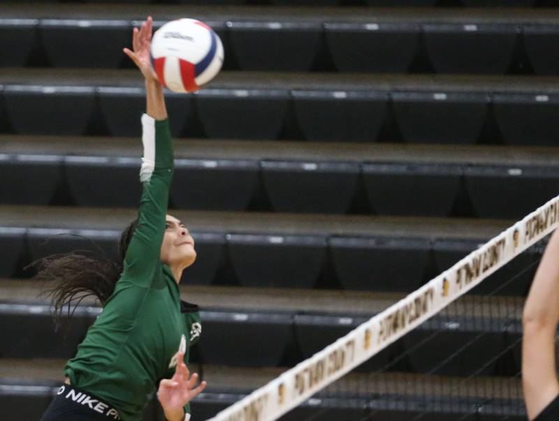 St. Bede's Kijah Lucas reaches up for the kill against Orion during the Class 1A Regional semifinals on Wednesday, Oct. 29, 2025 at Putnam County High School.