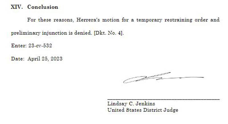 Screenshot of Judge Lindsay Jenkins' order denying a temporary restraining order against state and local assault weapons bans.