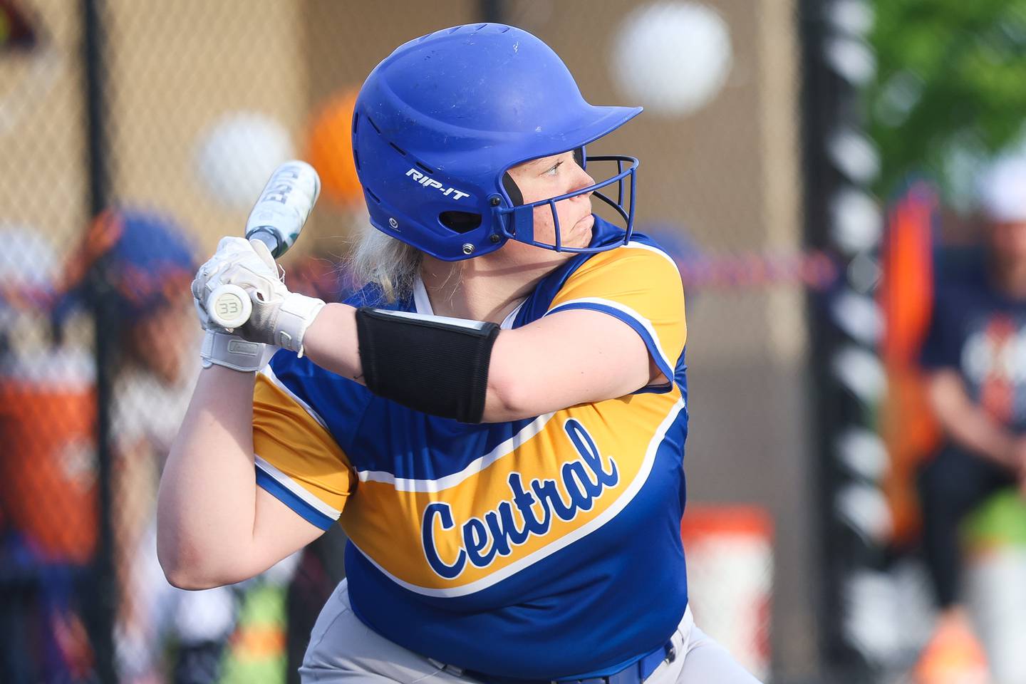 Joliet Central’s Sophie Litsogannis locks in on a pitch against Romeoville on Tuesday, April 28, 2026 in Romeoville.