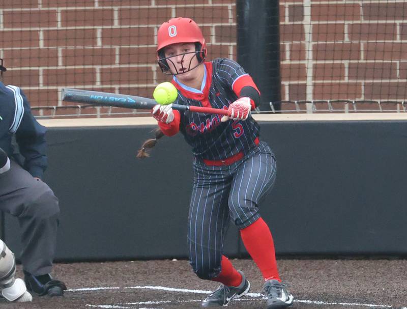Ottawa's Avery Leigh shows bunt on Friday, May 1, 2026 at Seneca High School.