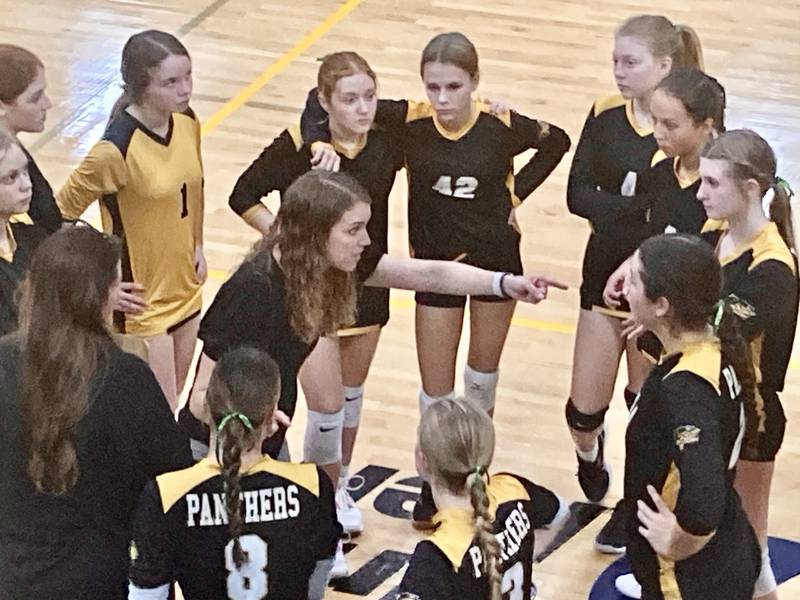 PC coach Amy Bell rallies the Panthers between sets of Thursday's regional finals at RM Germano Gymnasium. PC fell to Wethersfield 25-16, 25-20.