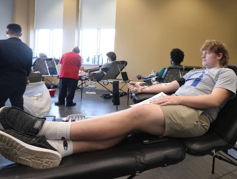 Student William Sramek has his blood drawn during the Saint Bede Community Blood Drive on Tuesday, Nov. 4 in the Perino Science Center at St. Bede Academy. The goal was to collect 100 pints this school year. If the school reaches it's goal, the Red Cross will award a $1,000 scholarship to one graduating senior.