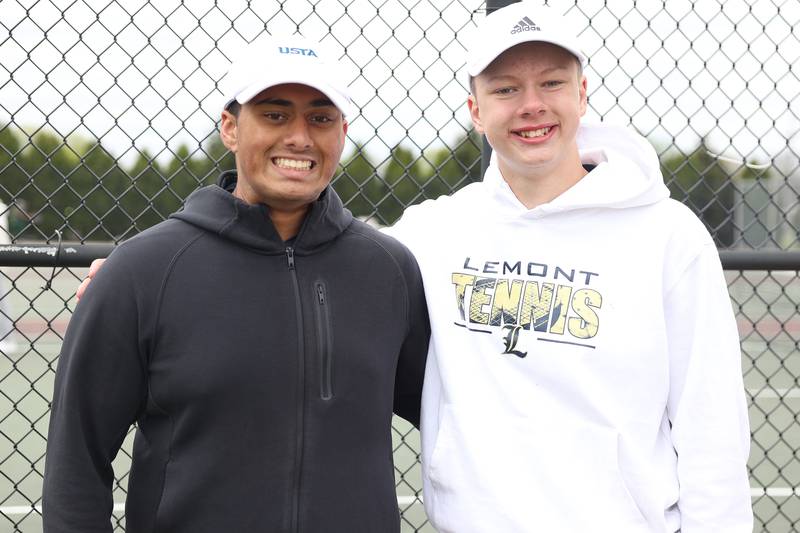 Lemont’s Rehan Saraiya, left, and Sean Svoboda pose for a photo at the Joiet Tennis Steelmen Invite on Saturday, April 20, 2024 in Joliet.