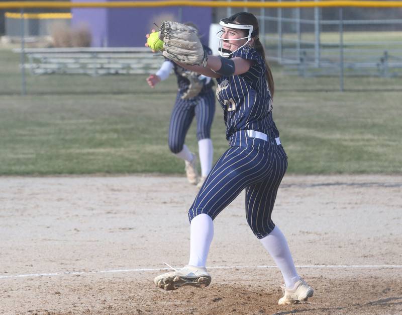 Marquette pitcher Kinley Rick fires a throw against Serena on Wednesday, March 26, 2025 at Serena High School.
