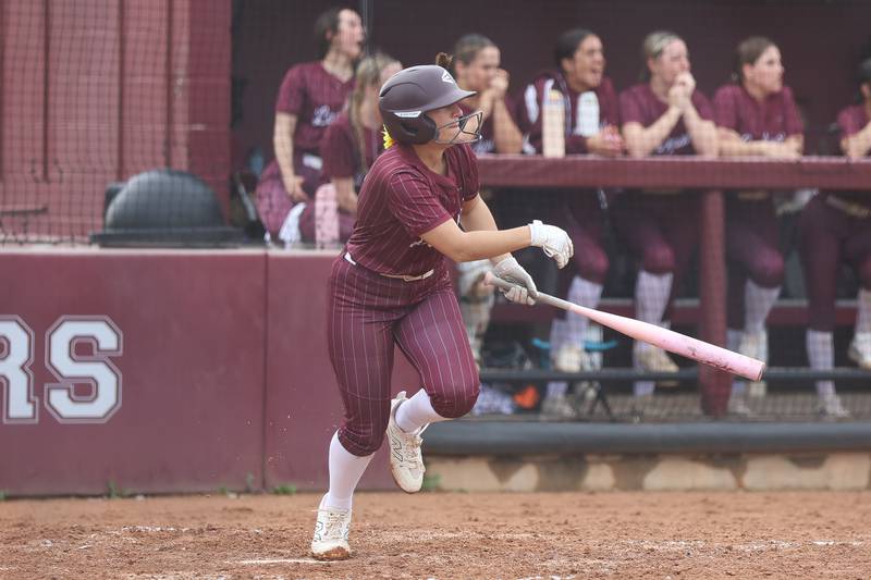 Lockport’s Gaivanna Diciolla connects for a RBI single against Lincoln-Way East on Monday, April 13, 2026 in Lockport.
