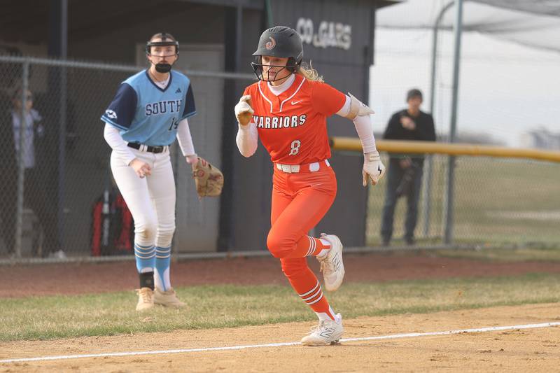 Lincoln-Way West’s Reese Forsythe scores on a throwing error by Plainfield South on Tuesday, March 24, 2026 in Plainfield.