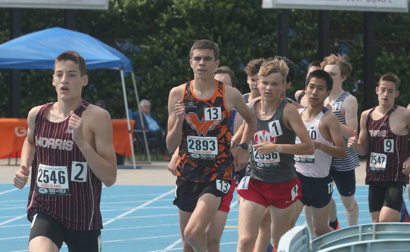 Morris's Cuyler Swanson leads in the 3200 Meter Run during the IHSA Class 2A Boys Track & Field State Finals on Saturday, May 31, 2025 at Eastern Illinois University in Charleston.