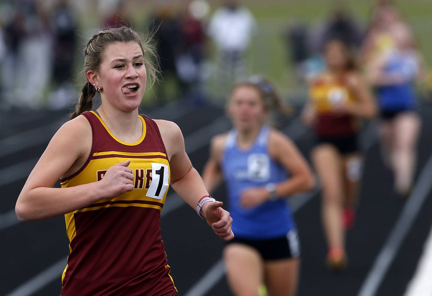 Richmond-Burton’s Alexia Spatz cruises to victory in the 3200 meter run Tuesday, May 2, 2023, during the Kishwaukee River Conference Girls Track and Field Meet at Richmond-Burton High School.