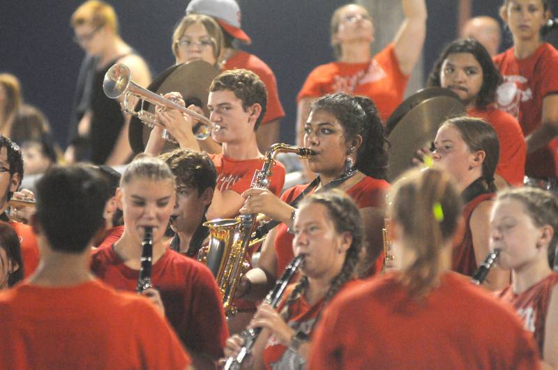 The band performs during the Streator football game against East Peoria at Deiken Stadium on Friday, Aug. 25, 2023.