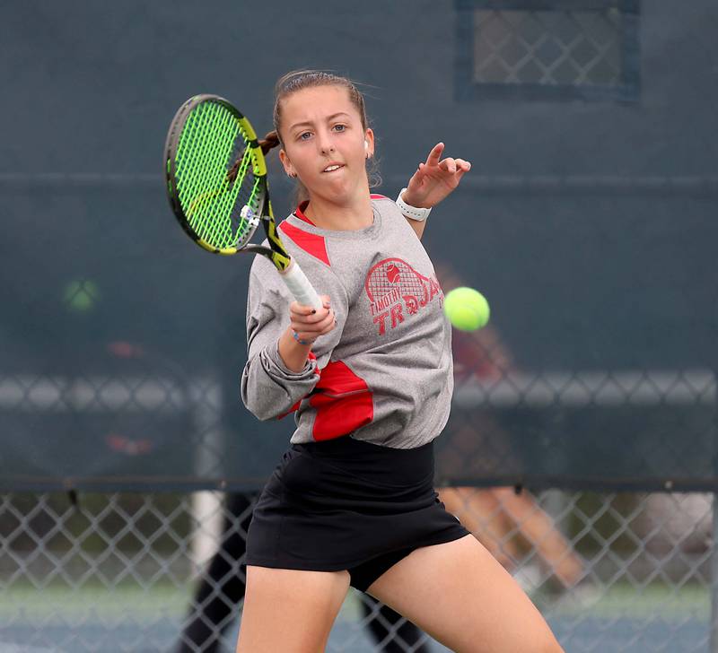Timothy ChristianÕs Jane Carter returns a volley in the 1A Doubles Final match  at the IHSA State Tennis Finals Saturday October 21, 2023 in Buffalo Grove.