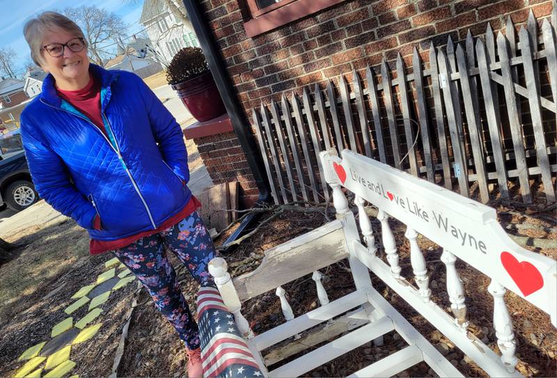 Beth Wackerlin, mother of the late Wayne Wackerlin, is working on this replacement for the memorial bench that was stolen last month in Ottawa.