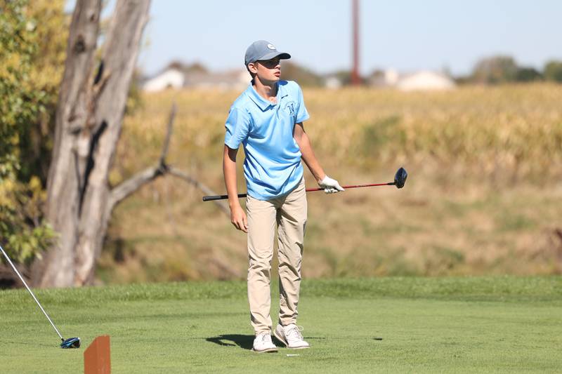 Nazareth’s Hugh Ascher keeps an eye on his shot off the seventh hole in the Class 2A Lemont Boys Golf Sectional on Monday, Oct. 7, 2024 at Wedgewood Golf Course in Lemont.