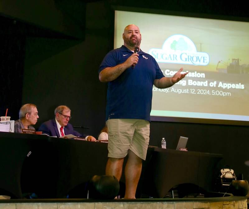 Lead Pastor Tim Badal of Village Bible Church speaks before the Special Plan Commission Meeting begins on Monday, Aug. 12, 2024 in Sugar Grove.