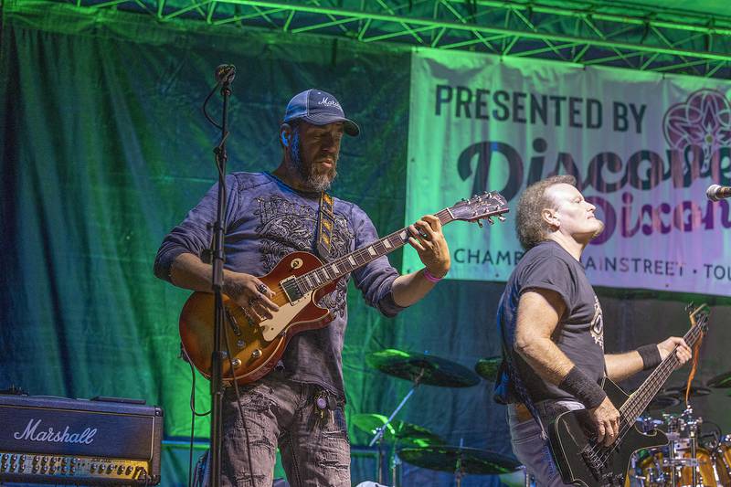 Members of On the Rocks play Dement Town Music Fest Saturday, Sept. 6, 2025, in Dixon.