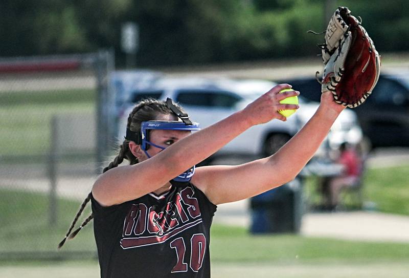 Richmond Burton pitcher Hailey Holtz eyes the plate as she pitches against Rock Falls Tuesday.