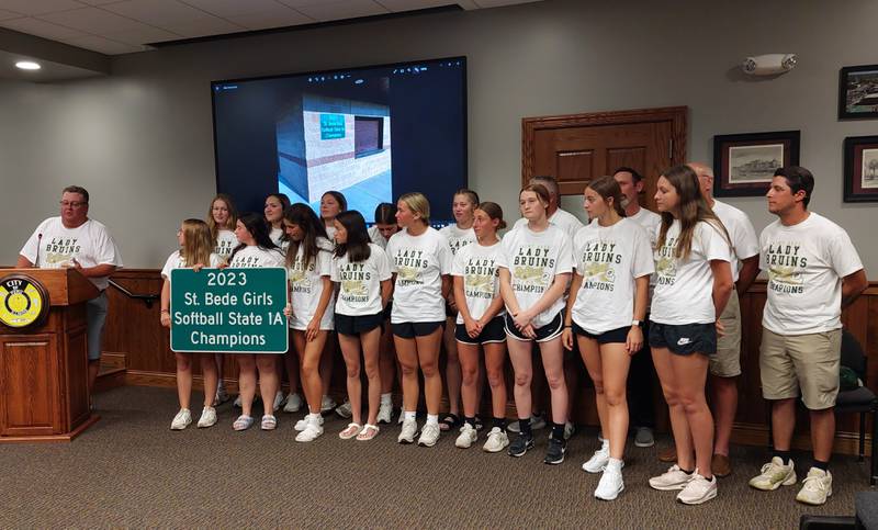 The state champion St. Bede softball team learns Wednesday, July 5, 2023, two championship signs will be hung in Peru, one at Washington Park and the other at McKinley Park.