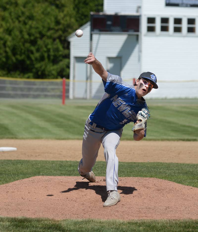 Newman's Nolan Britt pitches at the 1A Pearl City Sectional championship on Saturday, May 27.