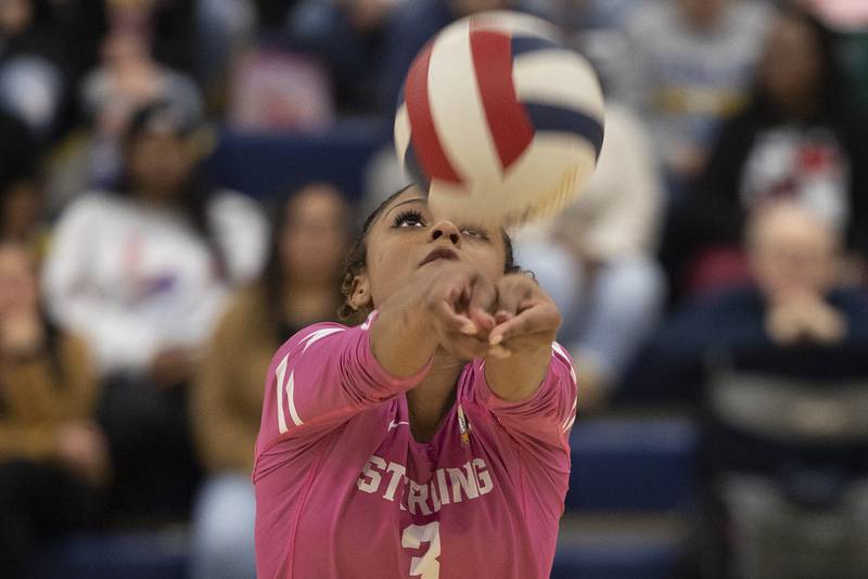 Sterling’s Delali Amankwa eyes the ball against Mendota Thursday, Oct. 24, 2024, in Sterling.