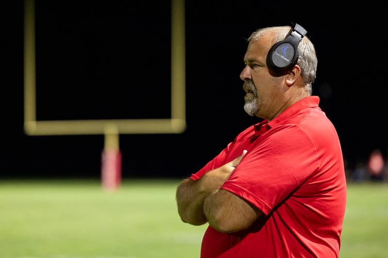 Head Coach, Nick Sterling watches game from sideline on Friday, Sept 5, 2025 at Richard Nesti Stadium in Spring Valley.
