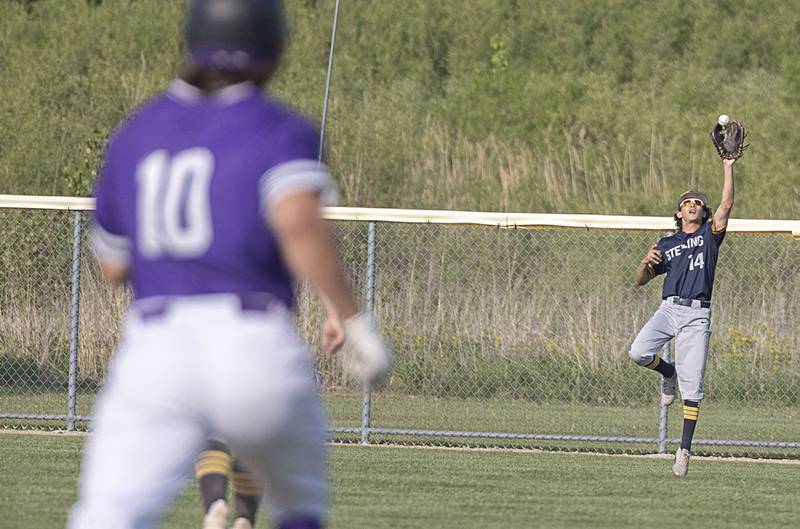 Sterling’s Gio Cantu hauls a fly ball in right field against Rochelle in class 3A regional action on Monday, May 22, 2023.