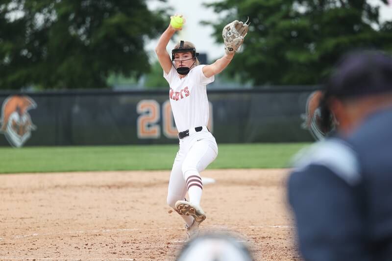 Lincoln-Way Central’s Lisabella Dimitrijevic delivers a pitch against Lincoln-Way West on Tuesday, May 14, 2024 in New Lenox.