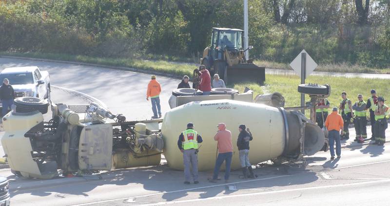 Emergency crews responded Wednesday, Nov. 15, 2023, to an overturned cement truck on Route 251 near the U.S. 6 interchange in Peru.