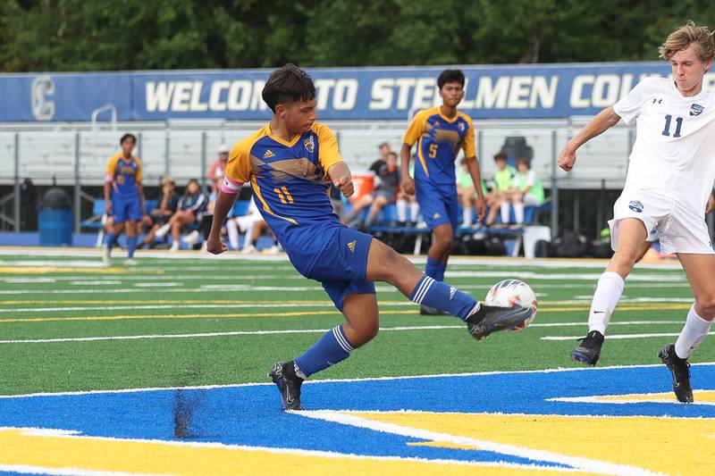 Joliet Central’s Ricardo Camcho takes a shot against Plainfield South on Tuesday, Sept. 5, 2023 in Joliet.