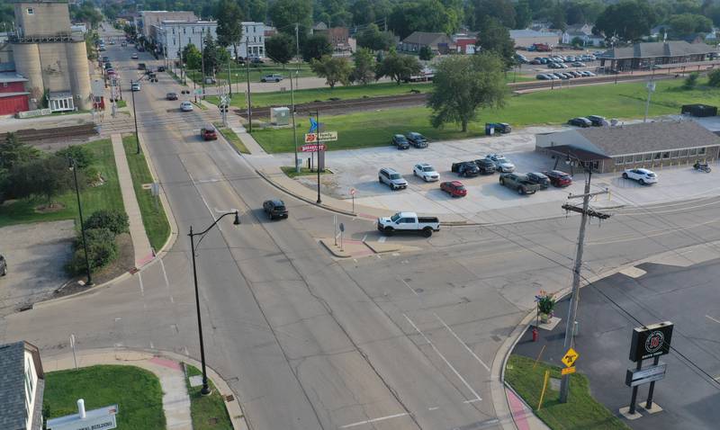 An aerial view of the intersection of North Main and Railroad Street on Friday, Aug. 15, 2025 in Princeton. This intersection appears to be the most hazardous in the City of Princeton due to the train traffic.