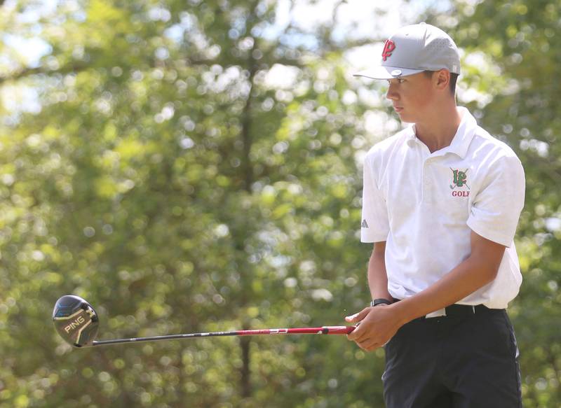 L-P's Geno Argubright, rests after driving the ball off of the fourth tee during the Streator Bulldog Invitational on Monday, Aug. 25, 2025 at Eastwood Golf Course in Streator.
