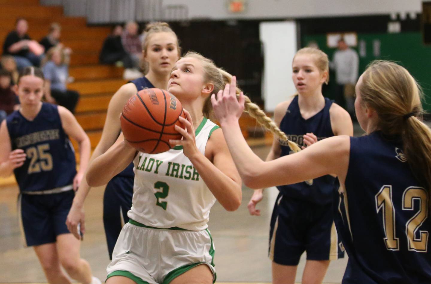 Seneca's Lainie Olson runs into the lane to score a basket against Marquette during the Tri-County Conference Tournament on Tuesday, Jan. 17, 2023 at Midland High School.