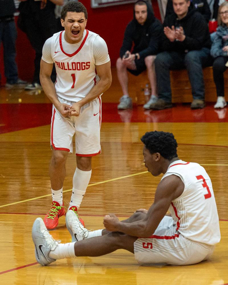 Samuel LeRette (3) of Streator reacts after being fouled as teammate Layzeric Moton (1) reacts on Wednesday, Feb. 18, 2026 at Streator High School in Streator.