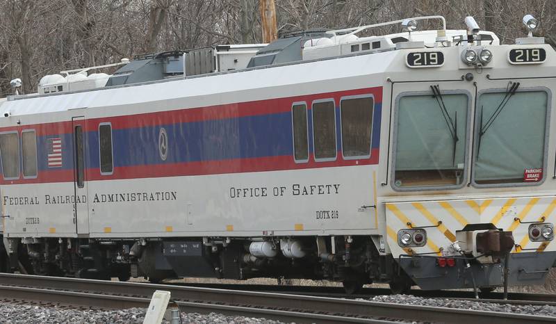 Federal Railroad Administration train cars sit on a side track on Saturday March 15, 2025 next to the former Covia plant in Utica. The cars are use for inspection on the rails along with track safety, signal systems and operating practices. The train helps ensure the safe movement of people and goods on the nations railways.