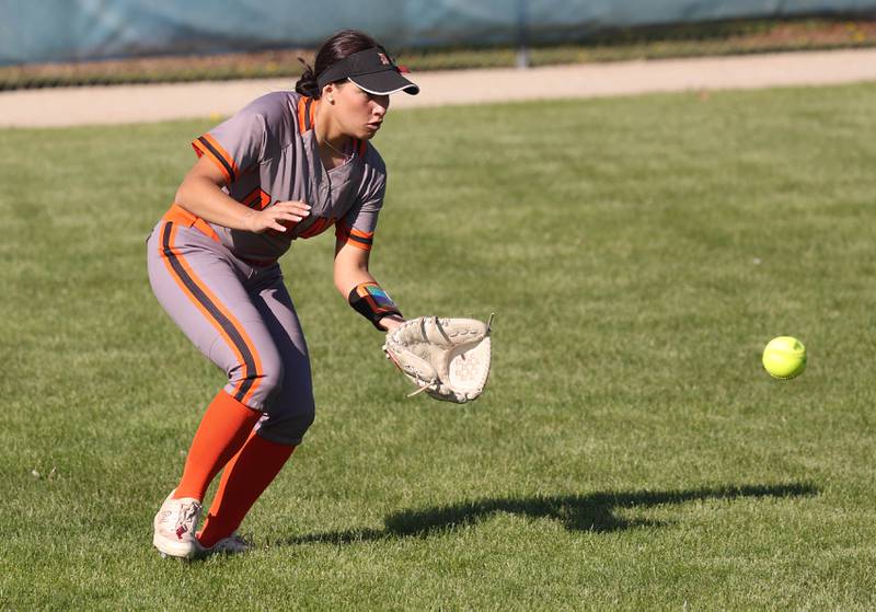 DeKalb's Emma Hart fields a ball in left Thursday, May 8, 2025, during their game at Genoa-Kingston High School.