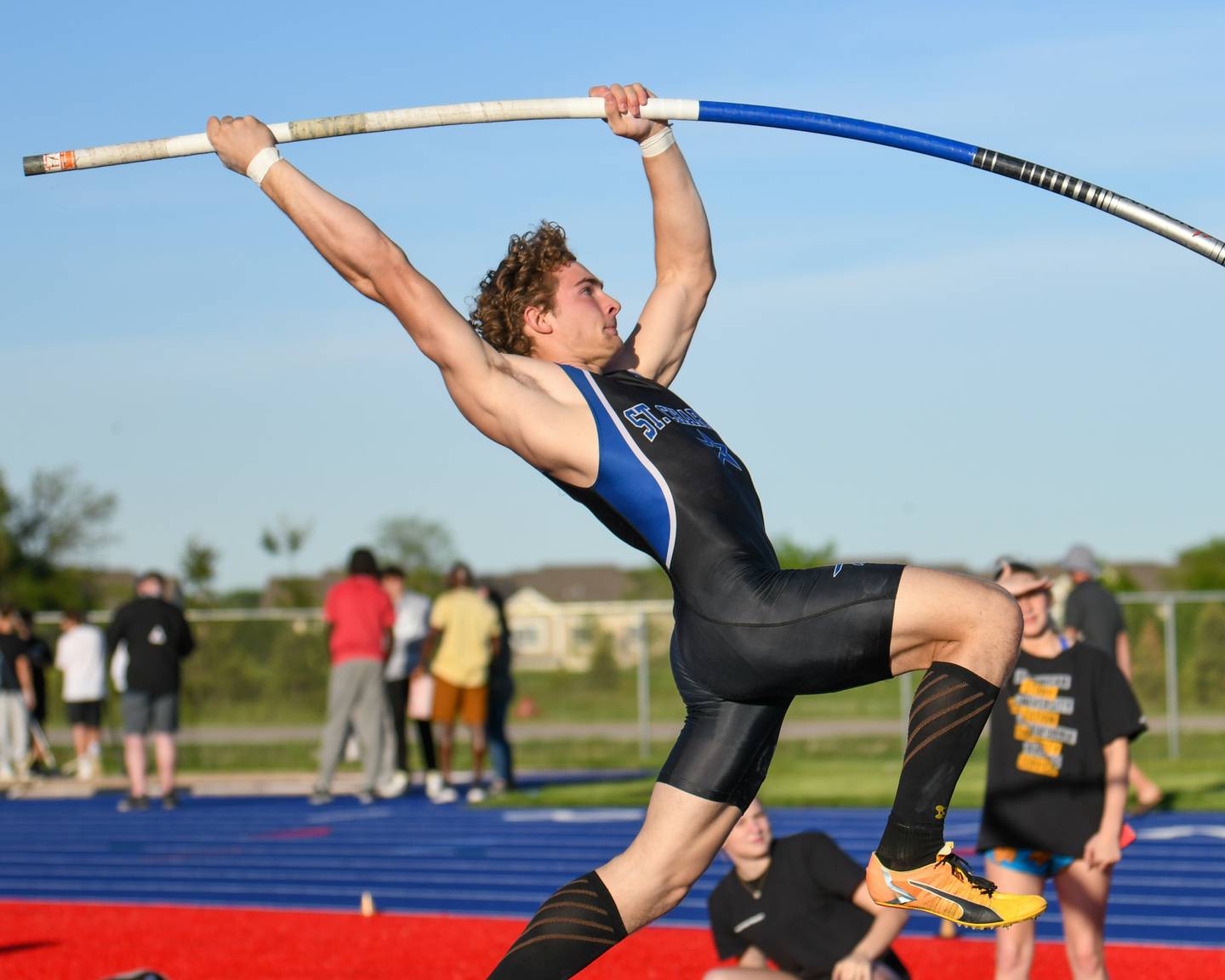 Nathan McLoughlin of St. Charles North tries to clear 15’8 in the pole vault portion of the Kane County track and field meet held at Marmion Academy in Aurora on Friday May 3, 2024.