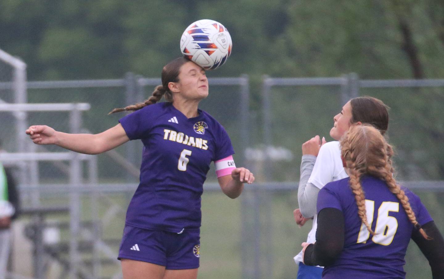 Mendota's Kaley Seimer puts a header on the ball as Princeton's Olivia Sandoval backs away during the Class 1A Regional final game on Tuesday, May 20, 2025 at Mendota High School.