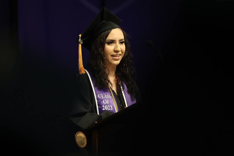 Andrea Barron gives her Student Speaker address at the Joliet Junior College Commencement Ceremony on Friday, May 19, 2023, in Joliet.