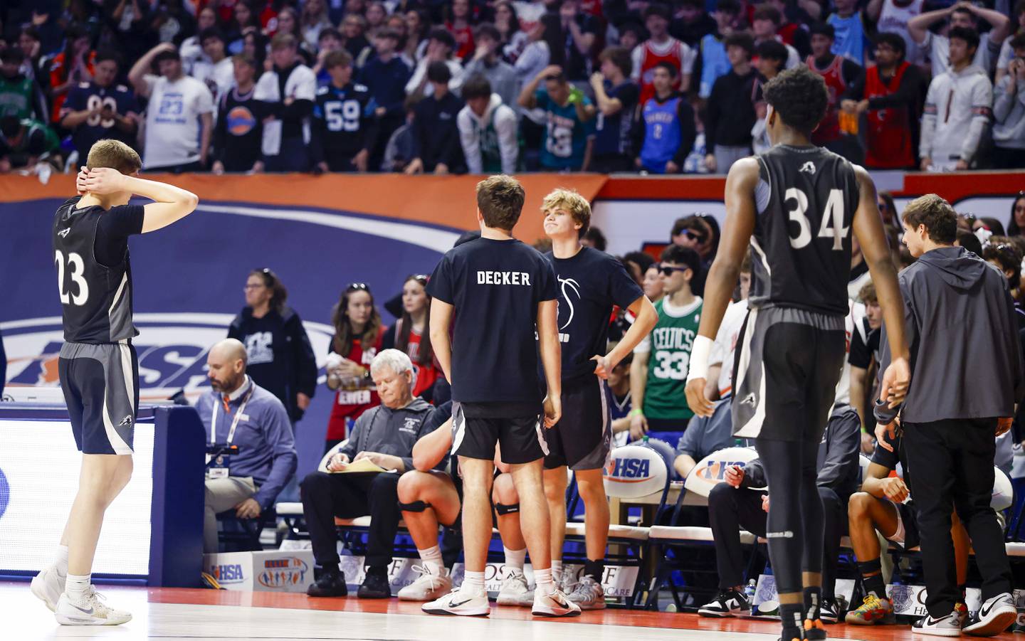 Kaneland reacts after loosing to Deerfield in the IHSA Class 3A boys basketball state semifinal Friday, March 13, 2026 at the State Farm Center in Champaign.