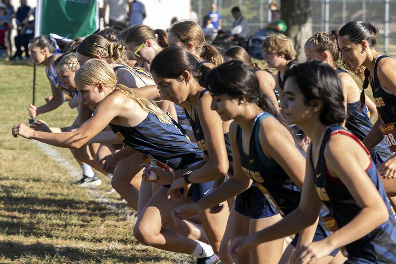 Newman, Rock Falls and Sterling girls fire off the starting line Tuesday, Sept. 16, 2025, during the Twin Cities Triangular meet at Centennial Park in Rock Falls.