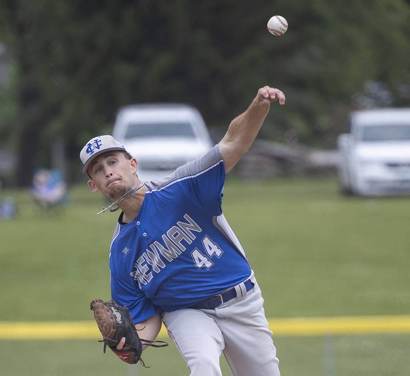 Newman’s Drake Cole fires a pitch against Johnsburg Saturday, May 31, 2025, in the Class 2A Sectional final in Mendota.