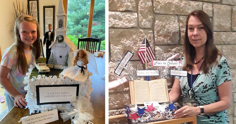 Pictured are the 2022 first place winners of the Chapel on the Green's July 4th Shoebox Float Parade. Left, winner of the youth category, Peyton Morganegg of Newark; right, Sharyl Iwanski with the Yorkville Public Library's winning float in the adult category.