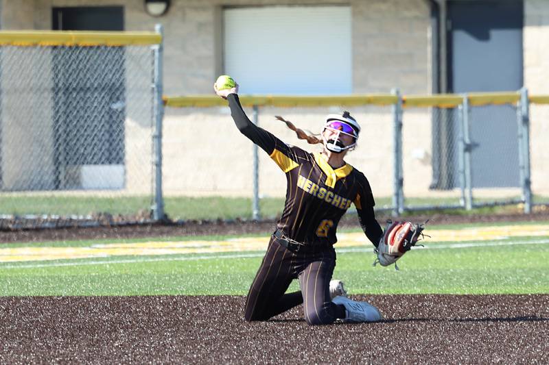 Herscher's Lexi Crawford throws to first after fielding the ball during their game against Bradley-Bourbonnais on Monday, March 23, 2026.