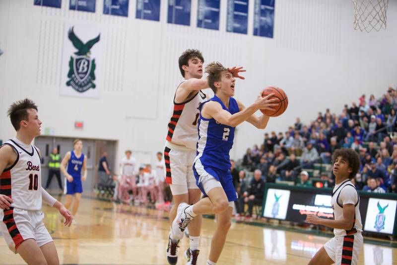 Geneva's Michael Lawerence goes in for the layup against Benet at the Class 4A Sectional Final at Bartlett on Friday, March 3, 2023.